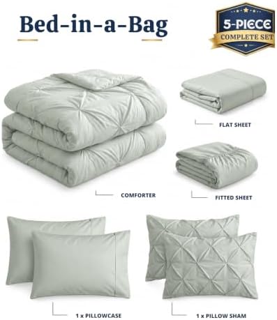 LANE LINEN Twin Comforter Set, 5 Piece Twin Bedding Sets, Ultra Soft Pintuck Twin Bed in a Bag Set with Down Alternative Comforter, Sheets, Pillowcase & Sham, Pinch Pleated Bedding Set - Mineral