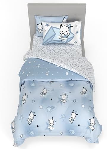 Sanrio Pochacco Bedding 5 Piece Super Soft Cozy Reversible Comforter and Sheet Set with Sham, Twin, (Officially Licensed Product) By Franco