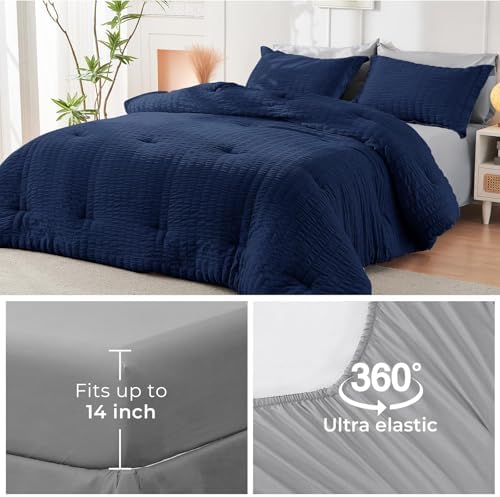 HYMOKEGE Navy Blue/Light Grey King Size Comforter Set Seersucker 7 Pieces, All Season Luxury Bed in a Bag for Bedroom, Bedding Set with Comforter, Sheets, Pillowcases & Shams