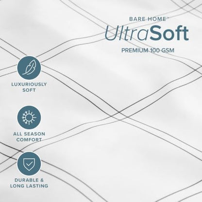 Bare Home Fitted Sheet - 1800 Ultra-Soft (Full, Modern Plaid - White/Grey)