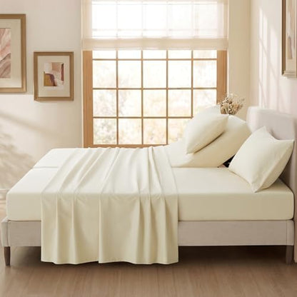 P Pothuiny 5-Piece Split King Sheets Set, Beige Soft Microfiber Fabric