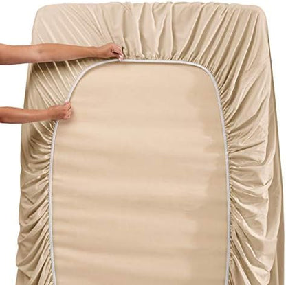 Clara Clark Flex Top King Sheets, 6 Piece Set - Hotel Luxury Sheets for Top Split King Bed, Super Soft Bedding Set, Head Split King Beige Cream