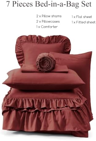 Queen Comforter Set Syrah Red Ruffle 7 Pieces Farmhouse Bed in a Bag