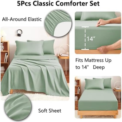 CozyLux Twin XL Comforter Set 68"x88" Sage Green - 5 Piece Bed in a Bag