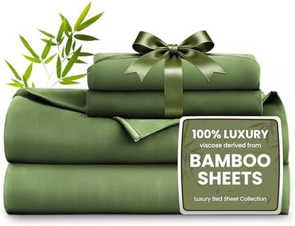 Love's cabin 3 Piece Twin Sheet Set, 100% Rayon Derived from Bamboo, Cooling & Breathable, Soft Silky Deep Pocket up to 16", Hotel Luxury Bedding for Hot Sleepers, Olive Green