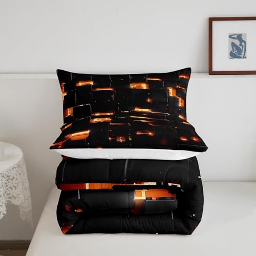 Feelyou Black Yellow Square Ombre Comforter Set King Size Kids 3D Rendering Abstract Art Comforter for Boys Girls Teens Modern Fashion Bedding Set Stripes Duvet Set Room Decor