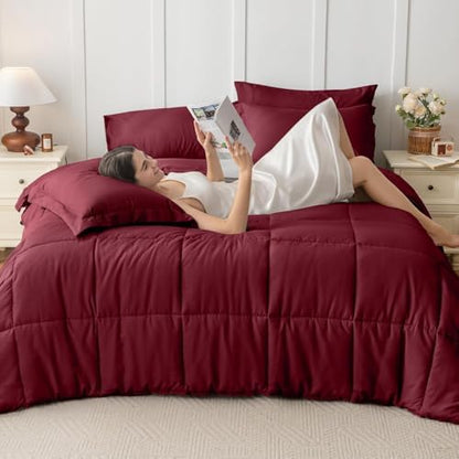 JOLLYVOGUE Twin Comforter Set, Ultra-Soft Bed in a Bag Twin Size 5 Pieces, Oeko-TEX Certified Bedding Set with Down Alternative Comforter, Sheets, Pillowcases & Shams, Burgundy