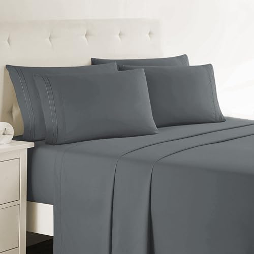 Clara Clark Full Sheets, 6 Piece Set - Hotel Luxury Bed Sheets, Super Soft Bedding Set, Full Size, Charcoal Gray