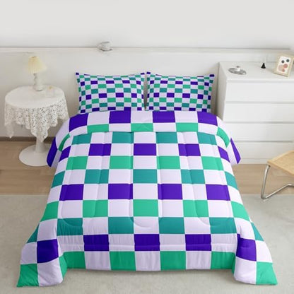 Checkered Geometric Kids Comforter Set Queen Size Teal Blue Purple Plaid Bedding Set Checkerboard Modern Aesthetic Duvet Quilt for Kids Boys Girls Bedroom Reversible Grey Decor