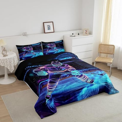 Castle Fairy Ice Hockey Bedding Set Hockey Player Comforter Set for Kids Boys Hockey Stadium Rink Comforter Blue Neon Hockey Quilt Set 1 Comforter Set with 1 Pillowcase Toddler Size