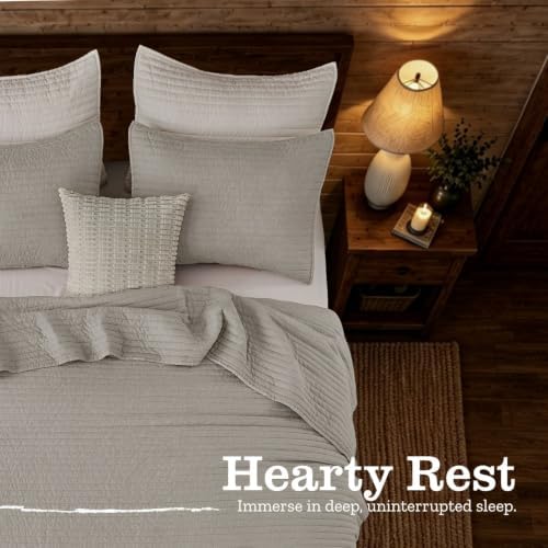 DOWN HOME King Quilt Bedding Set with Shams, Vintage Washed Soft Quilted Blanket Thin Comforter Lightweight Bedspread Coverlet Bed Cover, Brushed Microfiber Stripe Stitching, Light Gray, 104"x90"