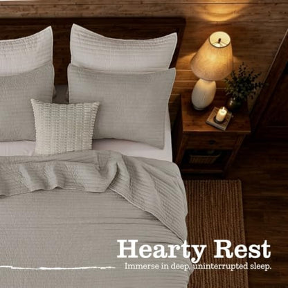 DOWN HOME King Quilt Bedding Set with Shams, Vintage Washed Soft Quilted Blanket Thin Comforter Lightweight Bedspread Coverlet Bed Cover, Brushed Microfiber Stripe Stitching, Light Gray, 104"x90"