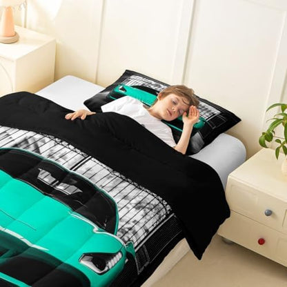 Feelyou Boys Teal Race Car Comforter Set Twin Size Teal Luxury Car Bedding Set for Kids Boys Girls Extreme Sports Duvet Quilt Fast and Furious Bedroom Decor 2 Pcs with 1 Pillow Cases