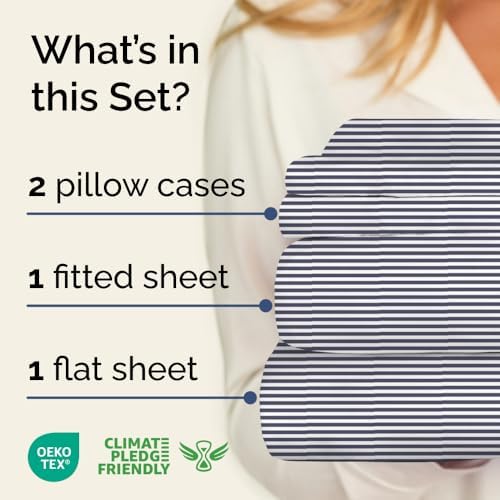 Full 4 Piece Striped Sheet Set - Soft, Breathable & Cooling - Navy Ombre