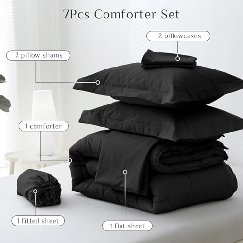 JOLLYVOGUE Full Comforter Set, Ultra-Soft Bed in a Bag Full Size 7 Pieces, Oeko-TEX Certified Bedding Set with Down Alternative Comforter, Sheets, Pillowcases & Shams, Black