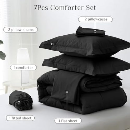 JOLLYVOGUE Full Comforter Set, Ultra-Soft Bed in a Bag Full Size 7 Pieces, Oeko-TEX Certified Bedding Set with Down Alternative Comforter, Sheets, Pillowcases & Shams, Black