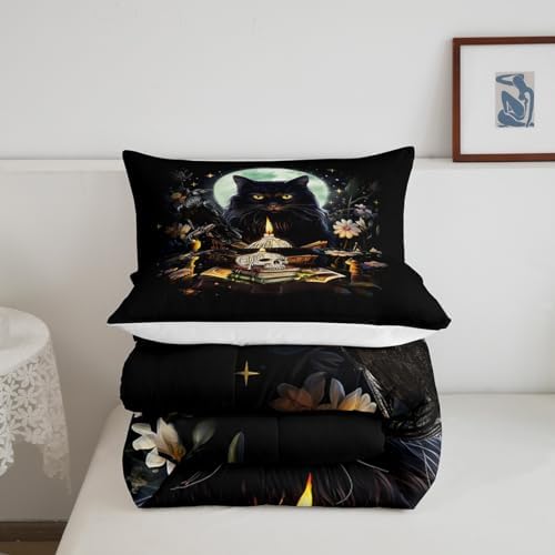 Kids Cat Comforter Set,Sugar Skull Crow and Daisy Flower Garden Quilt Set for Teens Girls Boys Adult Bedroom Decor,Black Pet Cat Plants Bedding Set Moon Night Stars Print Duvet Insert 3Pcs