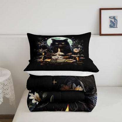 Kids Cat Comforter Set,Sugar Skull Crow and Daisy Flower Garden Quilt Set for Teens Girls Boys Adult Bedroom Decor,Black Pet Cat Plants Bedding Set Moon Night Stars Print Duvet Insert 3Pcs