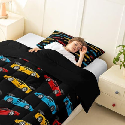Feelyou Blue Race Car Comforter Set Toddler Size Yellow Speed Sports Car Bedding Set for Kids Boys Girls Vehicle Duvet Quilt Bedroom Decor Microfiber 2 Pcs with 1 Pillow Case