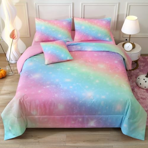 JQinHome Glitter Bedding Set Full Size,6 Piece Bed in A Bag 3D Colorful Rainbow Galaxy Comforter Set for Girls Kids-All Season Microfiber Tie-Dye Bedding Sets(Rainbow)
