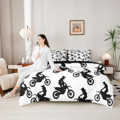 Feelyou Dirt Bike Queen Comforter Set with Sheets for Boys Girls Motocross Rider 7 Pieces Bedding Set Sporty Silhouette Design Bed in a Bag Outdoor Sports Room Decor Motorcycle Art Soft Lightweight