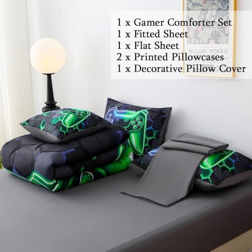 JQinHome Full Gaming Bedding Set 6-Piece Comforter for Kids Teens - 3D Video Game Console Print Bed in a Bag with Ultra-Soft Fluffy Sheets, Blue-Green Unisex Design (Full)