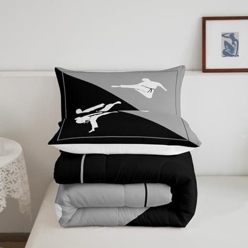 Castle Fairy Taekwondo Comforter Set,Japanese Sports Bedding Set for Kids Girls Women,Adults Black Gray White Comforter,Kungfu Quilted Duvet Set Bedroom Collection Twin Size 2Pcs