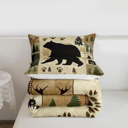 jejeloiu Bear Kids Comforter Set King Size Wild Animal Bedding Set Rustic Cabin Country Duvet Quilt for Kids Boys Girls Bedroom Decor Microfiber Ultra Soft Breathable