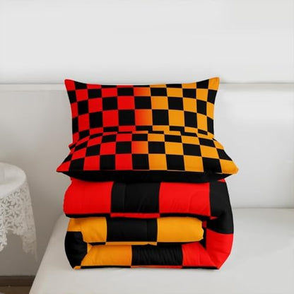 Checkered Retro Bedding Set for Boys Girls Geometric Vintage Comforter Set Queen Size Red Yellow Duvet Quilt Modern Groovy Aesthetic Bedroom Decor 3 Pcs with 2 Pillow Cases