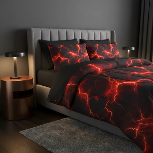 QOOMO Red Lightning 7 Pieces Comforter Set Queen,Neon Bedding Set for Kids