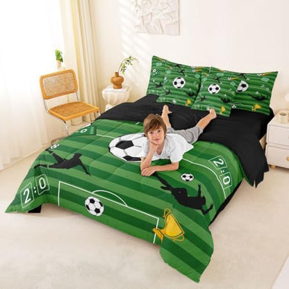 Erosebridal Green Playground Soccer Boys Kids King 7-Piece Comforter Set | Ball Games Sheets and Pillowcases Geometric Striped Bed in A Bag Football Court Gaming Bed Sets
