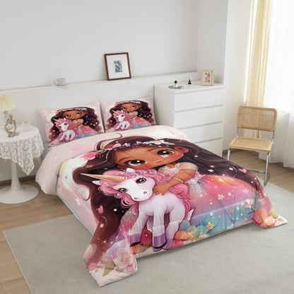 Manfei Princess Comforter Set - Twin Size Unicorn Down Comforter, Black Floral Unicorn Bedding Set for Kids Bedroom Decor, American Style Duvet Insert, 1 Pillowcase