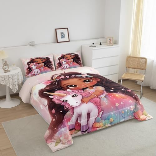 Manfei Princess Comforter Set Queen Size, Cute Girl Unicorn Down Comforter, Black Little Girl Floral Unicorn Bedding Set for Kids Bedroom Decor, American Style Girl Duvet Insert, 2 Pillowcases