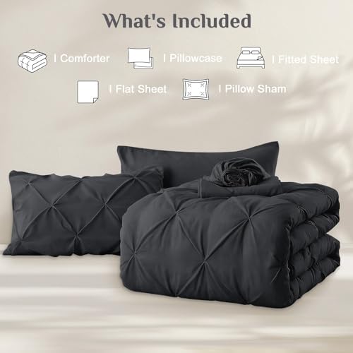 JOLLYVOGUE Twin XL Comforter Set 5 Pieces - Bed in a Bag Twin XL for All Season, Pintuck Bedding Comforter Sets with Comforter, Flat Sheet, Fitted Sheet and Pillowcases & Shams, Dark Grey