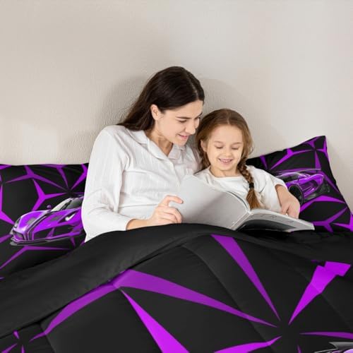 Castle Fairy Purple Race Car Bedding Set with 2 Pillowcases,Abstract Art Racing Car Comforter Set for Teens Adult Room,Extreme Sports Ultra Soft Bedding Set King Size,3 Pcs