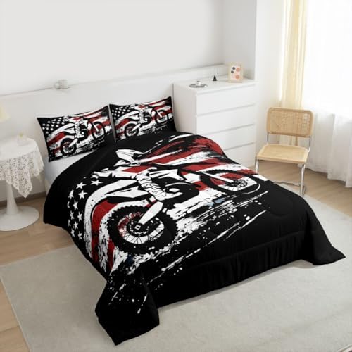 Feelyou Dirt Bike Comforter Set King Size Splatter Print Bedding Set for Kids Boys Girls Off-Road Racing Duvet Quilt Outdoor Sports Bedroom Decor Motocross Rider Microfiber 3 Pcs with 2 Pillow Cases