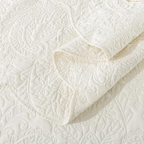 HoneiLife Queen Quilt Bedding Set - Microfiber Quilt Sets for Queen Bed, 3-Piece Lightweight Bedspreads,Reversible Coverlets Rustic Bedlinen Sets, Floral Bedding Set All Season Quilts-Beige