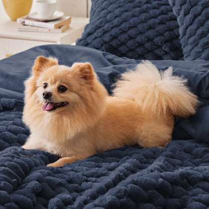 BEDELITE Fluffy Full Size Comforter Set, Navy Fleece Bed Set 3 Pieces