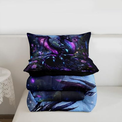 Feelyou Dragon Bedding Set Soft for Boys Girls, Wild Life Comforter Set Queen Size Jungle Dragon Duvet Quilt Microfiber Fantasy Animal Bedroom Decor Magical Beast 3 Pcs with 2 Pillow Cases