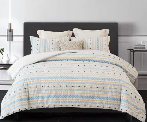 SLEEPBELLA Washed Double Layer Muslin 100% Cotton Comforter Set King Size, Yellow Blue Boho Fluffy Thick Checked Bedding Set, Soft Breathable (1 Comforter, 2 Pillow Shams)