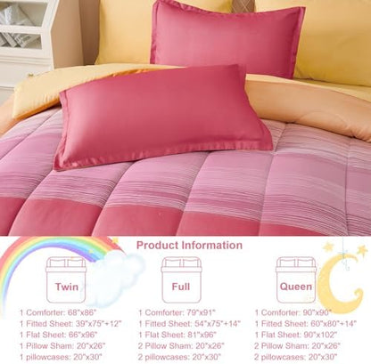 Dinjoy Girls Comforter Set Full Size Colorful Ombre Pink Yellow Rainbow Bedding Set Bed in A Bag for Kid Teen Girls 7 Pieces (1 Comforter, 1 Flat Sheet, 1 Fitted Sheet, 2 Pillow Shams, 2 Pillowcases)