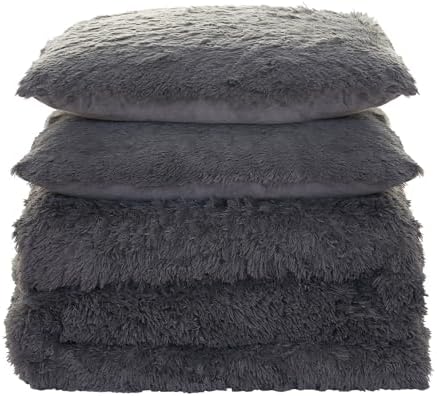 Queen Luxury Faux Fur Comforter Set - Soft & Breathable 7-Piece Bedding Collection - 1 Comforter, 1 Fitted Sheet, 1 Flat, 2 Pillowcases, 2 Pillow Shams - Deep Pocket - Premium Quality, Dark Gray