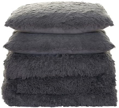 Queen Luxury Faux Fur Comforter Set - Soft & Breathable 7-Piece Bedding Collection - 1 Comforter, 1 Fitted Sheet, 1 Flat, 2 Pillowcases, 2 Pillow Shams - Deep Pocket - Premium Quality, Dark Gray
