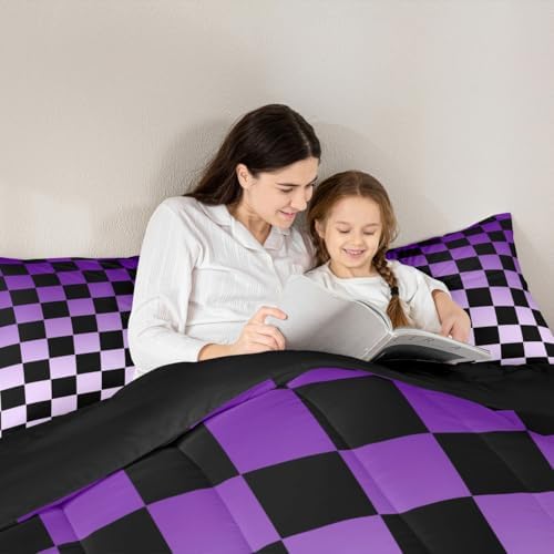 Feelyou Checkered Kids Comforter Set Twin Size Modern Geometric Gradient Purple Black Bedding Set Cute Neutral Plaid Duvet Quilt for Kids Boys Girls Bedroom Vintage Aesthetic Decor