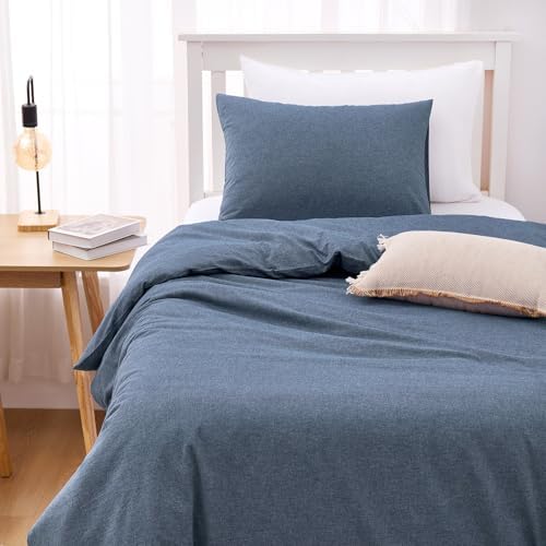 Wake In Cloud - Cotton Duvet Cover Set, 100% Washed Cotton, Linen Like Textured, Breathable Durable Comfy Farmhouse Neutral Bedding Set, 3 Pieces, Denim Blue, Twin/Twin XL Size