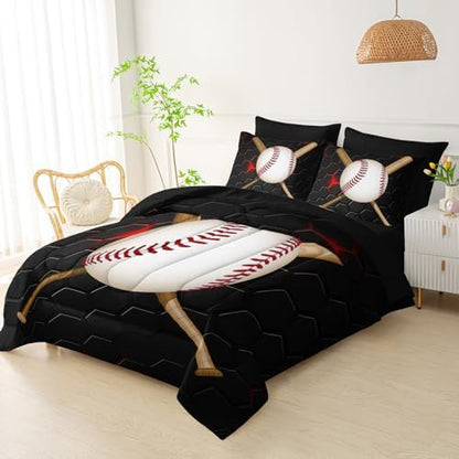 QOOMO Baseball 7 Pieces Comforter Set Twin Size,Honeycomb Bedding Set for Kids-Include 1 Comforter,1 Fitted Sheet,1 Flat Sheet,2 Printing Pillowcases and 2 Black Pillowcases