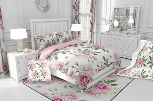 jejeloiu Pink Rose Comforter Set Full Size Kids Vintage Floral Flower Bedding Set Boys Girls Botanical Green Leaves Duvet Breathable Blossom Plant Quilt Bedroom Decor,1 Comforter with 2 Pillowcase