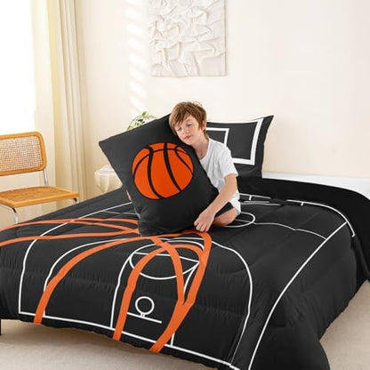 Kids 3D Basketball Bedding Set King Size,Ball Court Sports Games Themed Comforter Set with 2 Designs Pillowcases,Orange Basketball and Hoop Duvet Set Home Decor, Boys Teens Children Birthday Gift