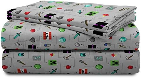 Jay Franco Kids Sheet Set with Fitted, Flat Sheets & Pillow Cover - Ultra-Soft Bedding with Pillowcase for Room Decor, Gray - Minecraft, 4 Piece Queen