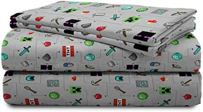 Jay Franco Kids Sheet Set with Fitted, Flat Sheets & Pillow Cover - Ultra-Soft Bedding with Pillowcase for Room Decor, Gray - Minecraft, 4 Piece Queen